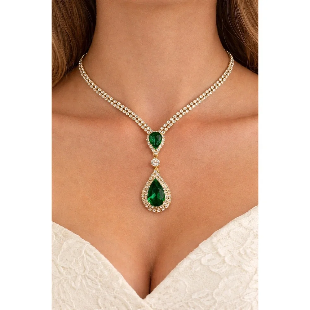 Emerald Green Teardrop‎ Rhinestone Necklace Gold Prom Bridal Pageant Formal Glam